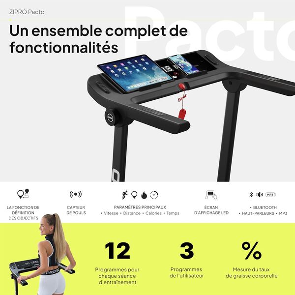 ZIPRO Pacto Tapis de Course Pliable pour la Maison Tapis de Marche Compact Idéal pour la Marche et la Course Vitesse 0,8-16 km/h Poids Max Utilisateur 130 kg Écran LED 12 Programmes Gain de Place