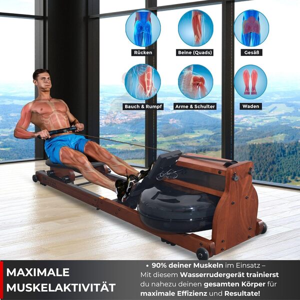 AsVIVA RA18 Pro Rameur d'eau, pliable, en bois, avec réservoir d'eau, compatible avec l'application Kinomap, entraînement de tout le corps et du dos, pour la maison