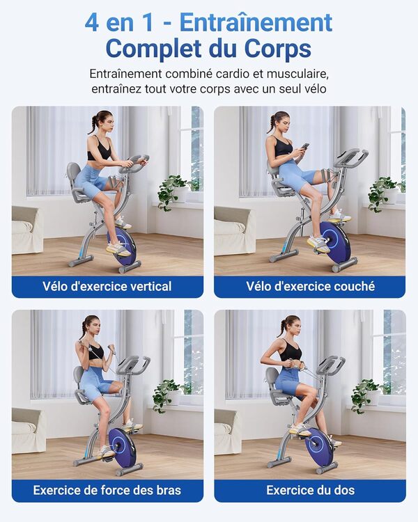 MERACH 4 en 1 Vélo D’Appartement Pliable, Velo d Appartement avec Moniteur LCD et Mesure du Pouls Manuel, Vélos de Fitness Magnétique Avec Coussin de Siège Confortable, Pour la Maison, Peu Encombrant