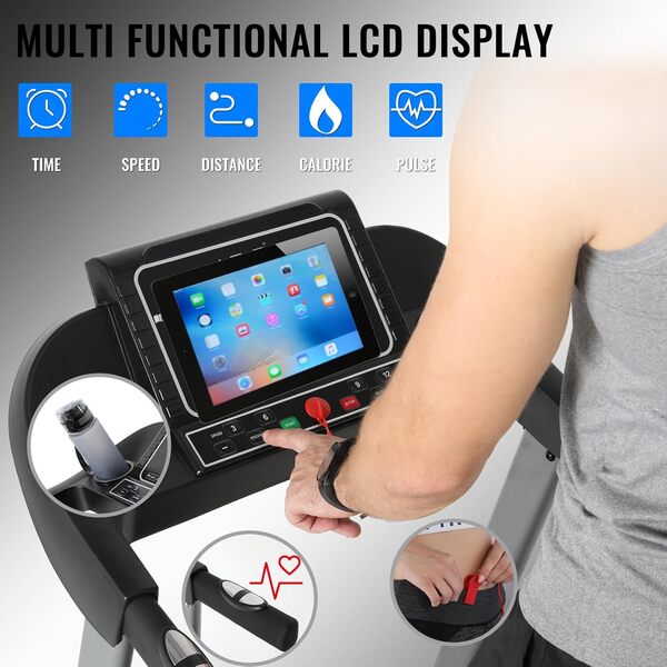 ISE Tapis de Course Pliable Electrique Inclinable, Tapis de Marche Pliable Moteur 2 HP, Écran LCD&14KM/H,Tapis de Course Professionnel, Tapis de Sport Course 12 Programmes, Treadmill Cardio Maison