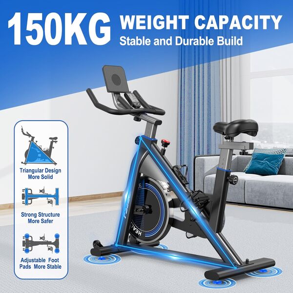 FYSIQ Vélo d'appartement avec un 300W Couple de Résistance, Velo appartement à Entièrement Réglable à 4 Voies, Vélos dappartement avec Moniteur RPM, Grand Support de Tablette, 150KG Capacit