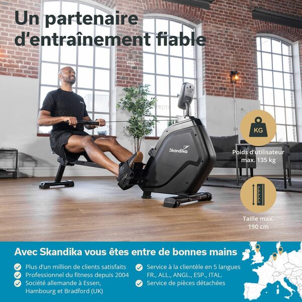 Skandika Rameur Munin | Rameur d'appartement Pliable, résistance magnétique à 16 Niveaux, Masse d'inertie de 8 kg, Compatible avec l'application Kinomap