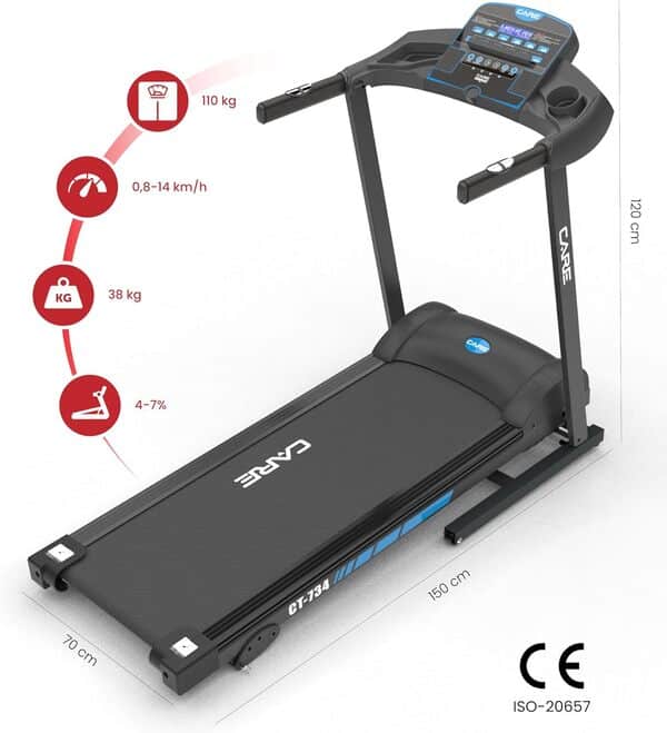 Care Fitness - Tapis de Course connecté -Pliable-Vitesse maximale 14 Km/h- Tapis de Marche Électrique Inclinable et Pliable - 12 programmes d’entraînements -3 inclinaisons