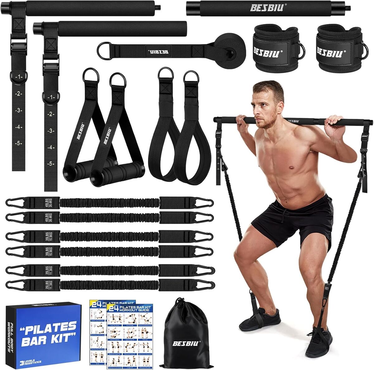 Test du kit de barre de Pilates avec bandes de résistance