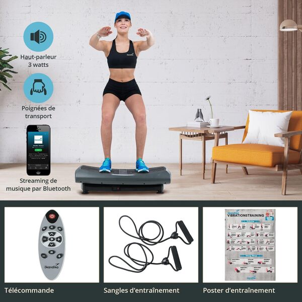 Skandika Plaques vibrantes V2000 3D / 4D Vibration | Design incurvé, 2 moteurs puissants, silencieux, bandes d'entraînement, affiches, télécommande, Bluetooth | Pour brûler les graisses et entraînement complet du corps