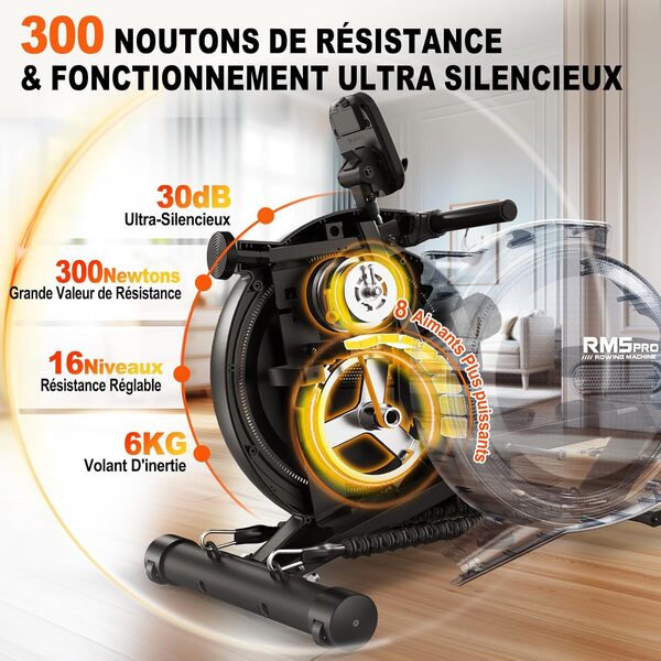 MettleMatic Rameur pour la Maison Rameur Magnétique: Rameur avec Musculation Bluetooth et Résistance Réglable à 16 Niveaux