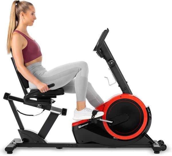 Hop-Sport Vélo Semi-allongé HS-060L Pulse, Roue d'inertie de 15 kg, Vélo d'appartement couché avec 8 Niveaux de résistance magnétique, Dossier, Ergomètre Assis pour la Maison