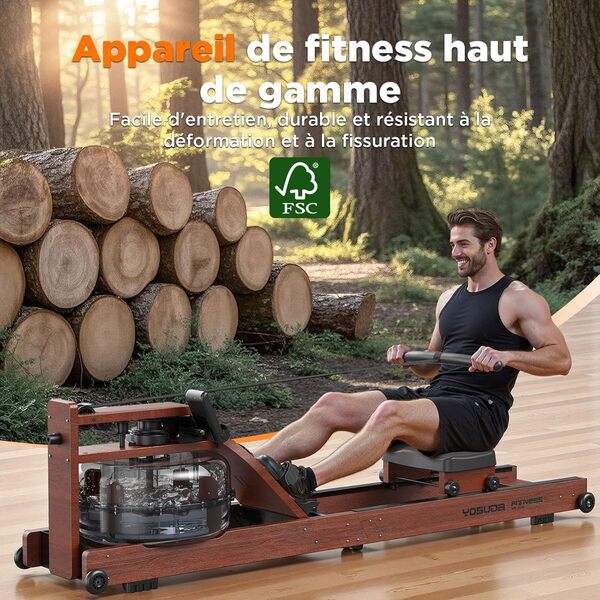 YOSUDA Rameur Pliable Appartement, Rameur à Eau en Bois Massif de Haute Qualité & Siège Confortable, avec Écran Bluetooth, Support et Réservoir d'eau 18L, Capacité de Charge 182 kg