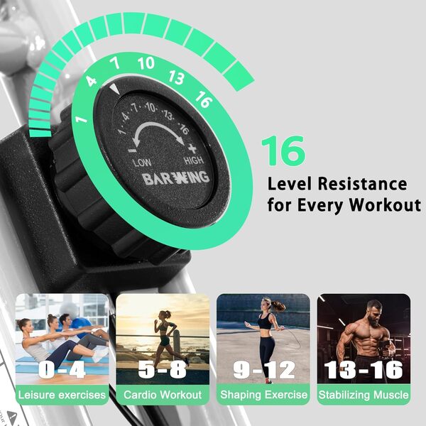 Vélo d'appartement stationnaire pour entraînement à domicile, vélo d'intérieur pliable 4 en 1 pour personnes âgées, capacité de 150 kg, résistance magnétique à 16 niveaux, réglage du dossier du siège