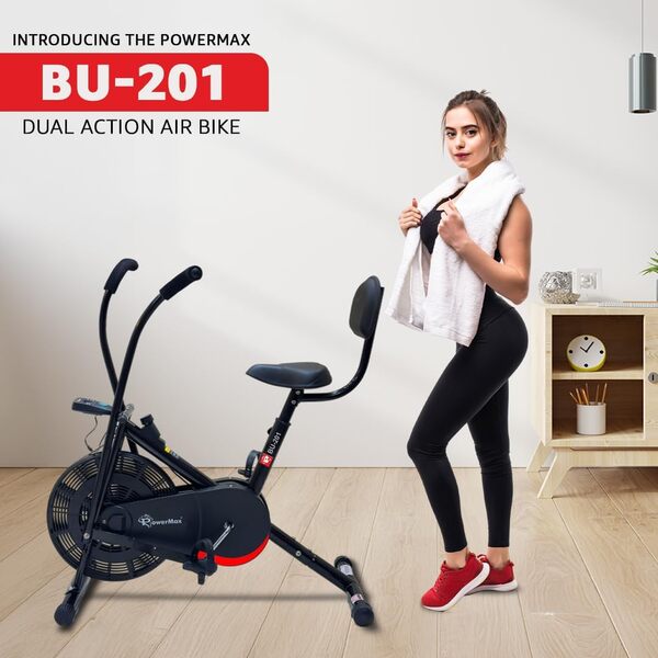 Powermax Fitess Bu-201 Vélo d'appartement double action avec système de soutien dorsal pour entraînement à domicile Noir