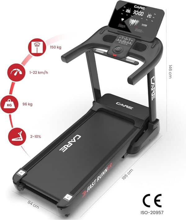 CARE FITNESS - Tapis de Course Connecté Fast Runner SP - Tapis de Marche Électrique Inclinable et Pliable - Jusqu'à 22km/h - 20 Niveaux d'Inclinaison - 57 Programmes - Kinomap