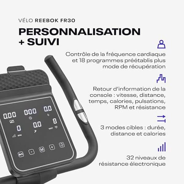 Découvrez notre analyse détaillée du vélo Reebok FR30. Volant d'inertie de 9 kg et 32 niveaux de résistance pour des séances personnalisées et efficaces.