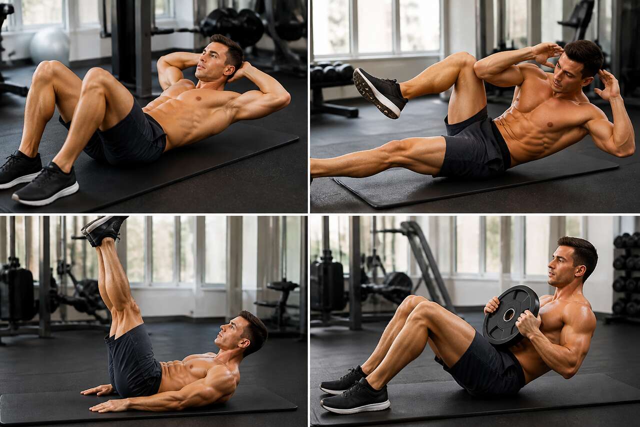 Variantes de crunch : classique, oblique, inversé et avec charge Variantes de crunch : classique, oblique, inversé et avec charge