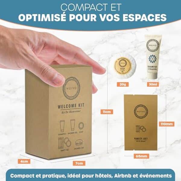 Découvrez notre avis sur les 50 kits d'accueil écoresponsables Nuivo avec shampoing, gel douche et savon. Test détaillé et conseils pour vos événements.